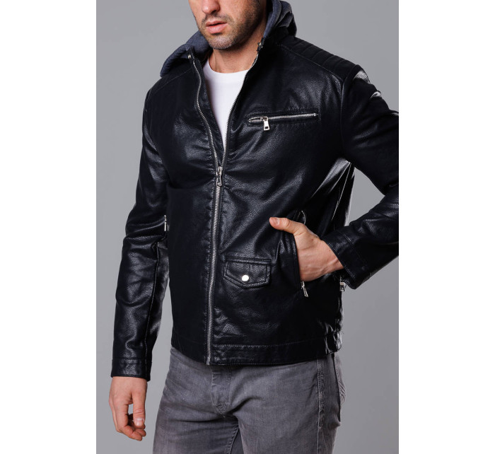 Čierna pánska bunda z ekokože s teplákovou kapucňou (11Z8022)