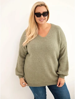 Dámský svetr Plus Size s vlnou s výstřihem do V khaki