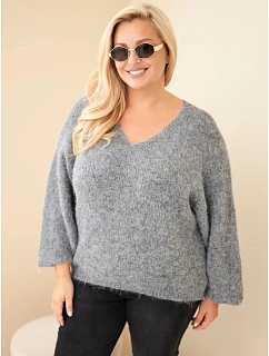 Dámský svetr Plus Size s výstřihem do V a širokým rukávem šedý
