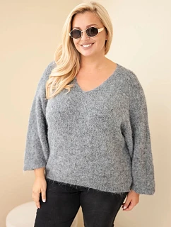 Dámsky sveter vo veľkosti Plus Size s výstrihom do V a širokými rukávmi, sivý