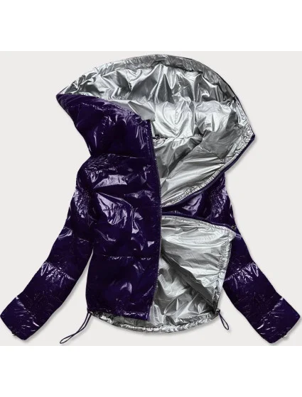 Tmavo modrá lesklá prešívaná dámska bunda s kapucňou (B9560)