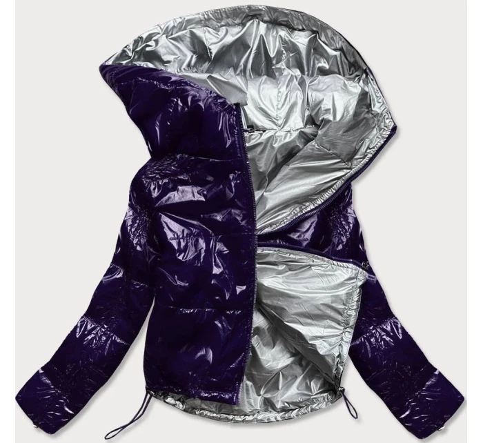 Tmavo modrá lesklá prešívaná dámska bunda s kapucňou (B9560)