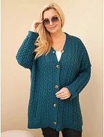 Dámský kardigan Plus Size s knoflíky a copánkovým vzorem modrý morský