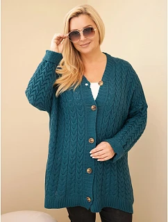 Dámský kardigan Plus Size s knoflíky a copánkovým vzorem modrý morský