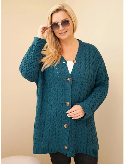 Dámský kardigan Plus Size s knoflíky a copánkovým vzorem modrý morský