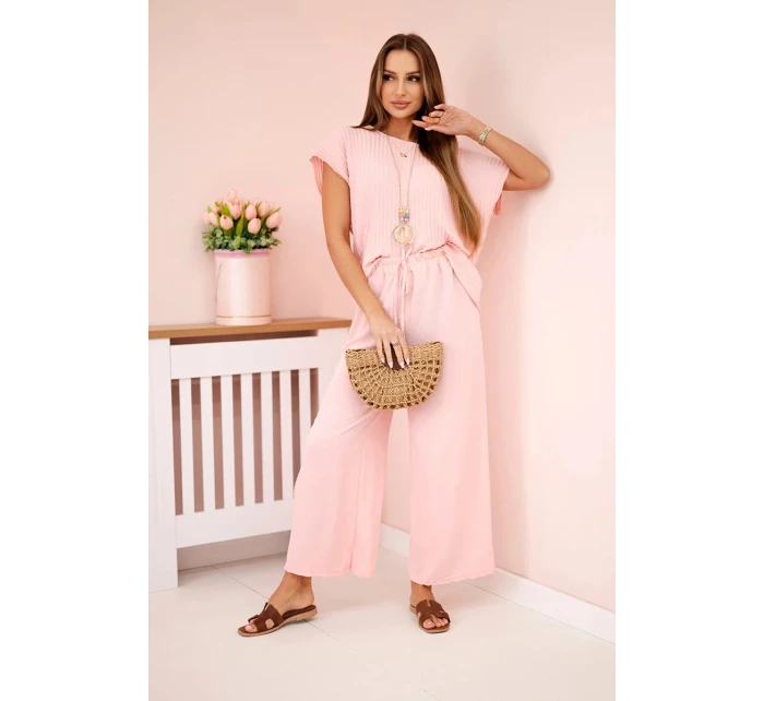 Viskózový komplet plisovaná halenka + kalhoty pudrově růžová Viskózový komplet plisovaná halenka + kalhoty pudrově růžová