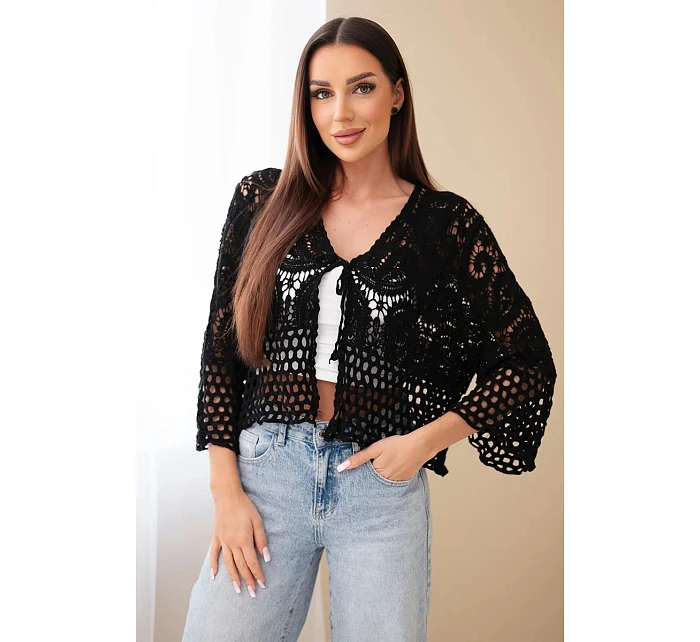 Dámský letní krajkový svetr s knoflíky a dlouhým rukávem černý