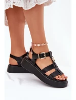 Sandały Damskie Na Platformie Ze Złotym Detalem Czarne Fevire