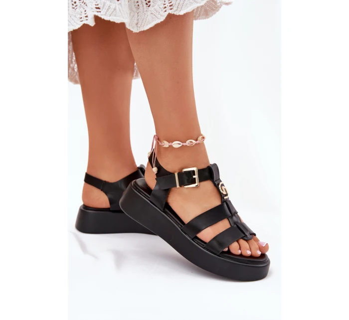 Sandały Damskie Na Platformie Ze Złotym Detalem Czarne Fevire