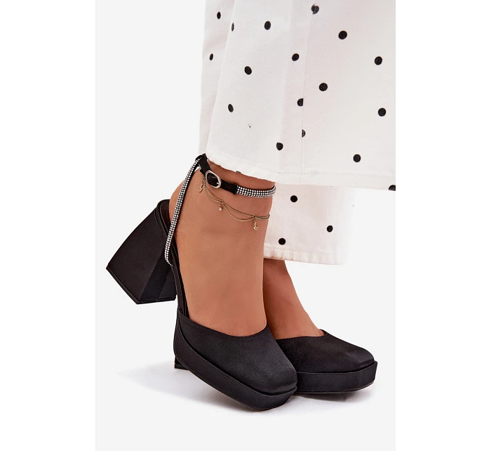 Dámské sandály na masivním podpatku ve tvaru sloupku s páskem se štrasem Černé Seraphina