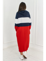 Trojfarebné šaty s kapucňou tmavomodré + biele + červené
