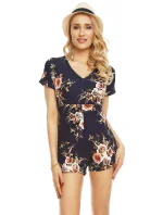 Overal dámsky Šortkové s krátkym rukávom kvetinový tmavomodrý - Tmavo modrá - Noémi Kent Paris Overal dámsky Šortkové s krátkym rukávom kvetinový tmavomodrý - Tmavo modrá - Noémi Kent Paris