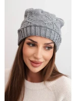 Dámská zimní čepice s vlnou a ozdobným pletením s perličkami model 21783051 tmavě šedá - K-Fashion
