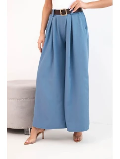 Dámske nohavice so širokými nohavicami a opaskom modré