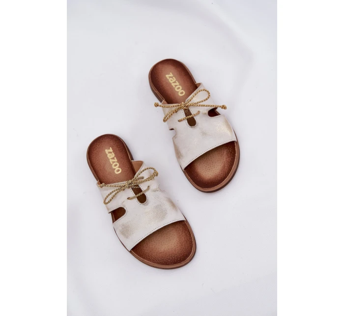 Skórzane Klapki Damskie Na Płaskim Obcasie Zazoo 3022 Złoty Przecierany