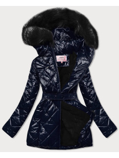 Tmavomodrá lesklá zimná bunda s machovitým kožúškom (W756)
