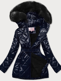 Tmavomodrá lesklá zimná bunda s machovitým kožúškom (W756)
