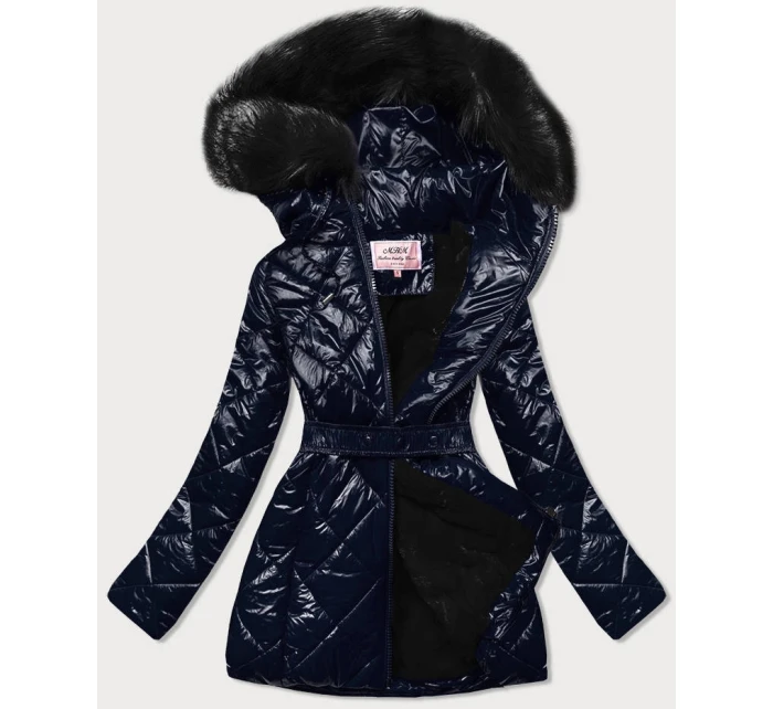 Tmavomodrá lesklá zimná bunda s machovou kožušinovou podšívkou (w756)