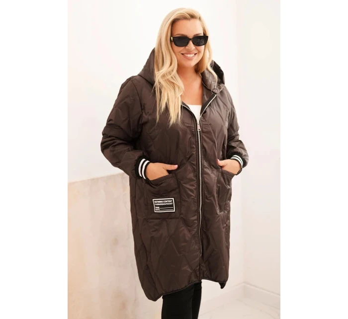 Dámska prešívaná bunda Plus Size s kapucňou a športovými manžetami Brown