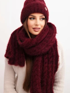 Dámska súprava čiapky a šálu s pruhom a ozdobou bordová