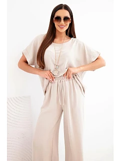 Dámska súprava z viskózy - blúzka s krátkym rukávom a široké nohavice tmavobéžová