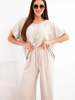 Dámska súprava z viskózy - blúzka s krátkym rukávom a široké nohavice tmavobéžová