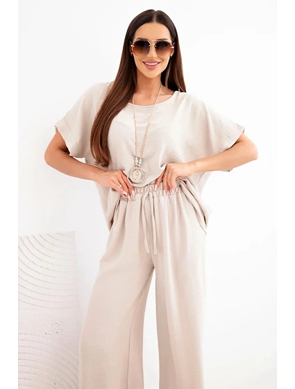 Dámska súprava z viskózy - blúzka s krátkym rukávom a široké nohavice tmavobéžová