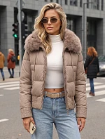 Dámska zimná prešívaná bunda s kožušinou, béžová, FashionStreet TY5830