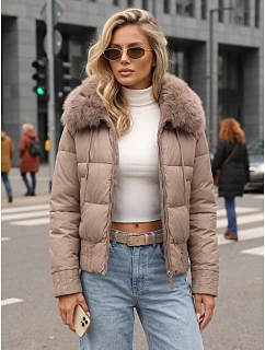 Dámska zimná prešívaná bunda s kožušinou, béžová, FashionStreet TY5830