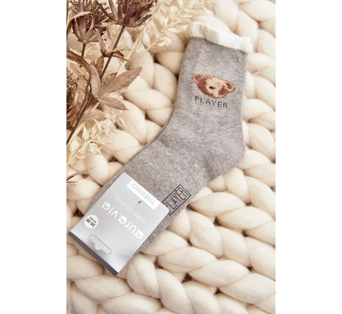 Silné bavlněné ponožky s medvídkem, světle šedé Silné bavlněné ponožky s medvídkem, světle šedé