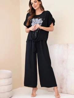 Dámský viskózový komplet s halenkou s potiskem a kalhotami černý