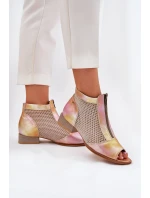 Skórzane Botki Damskie Na Płaskim Obcasie Z Odkrytymi Palcami Maciejka 06413-15 Różowo-Pomarańczowe