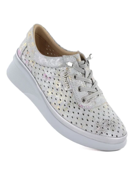 Dámské kožené polobotky na podpatku šedé model 22021895 - VINCEZA