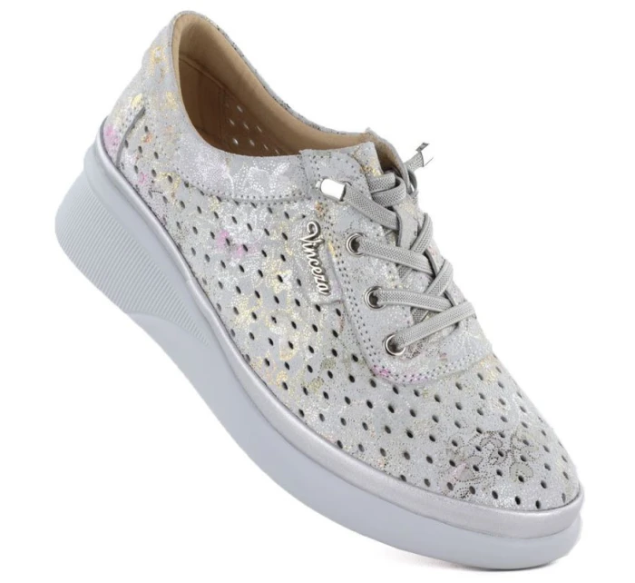 Dámské kožené polobotky na podpatku šedé model 22021895 - VINCEZA