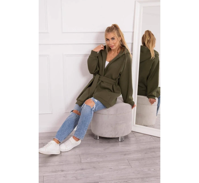 Zateplená bunda s vázáním v pase khaki barvy
