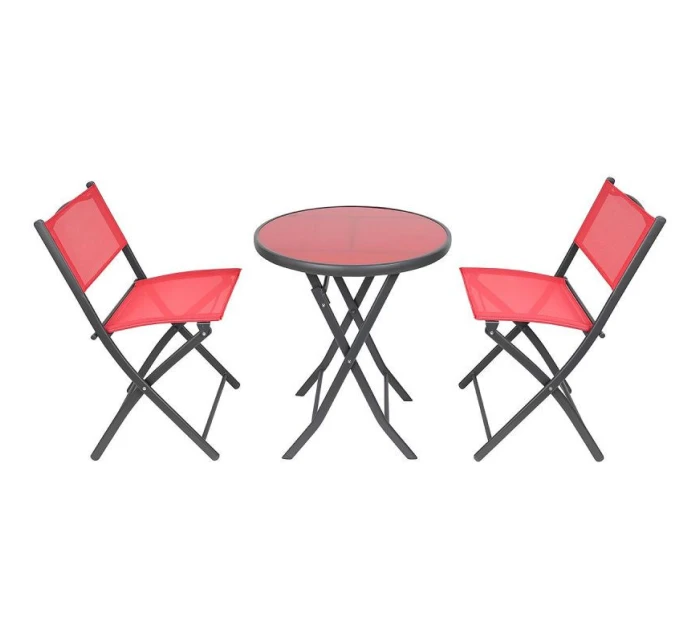 BALKÓNOVÝ NÁBYTOK SADA OKRÚHLY STÔL A 2 SKLADACIE STOLIČKY ČERVENÁ