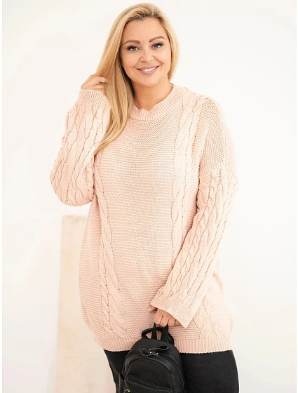 Dámský svetr Plus Size s copánkovým vzorem tmavě pudrová růžová