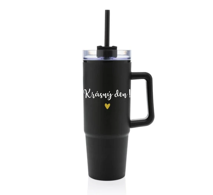 KRÁSNÝ DEN - černý cestovní termohrnek s průhledným víčkem 900 ml