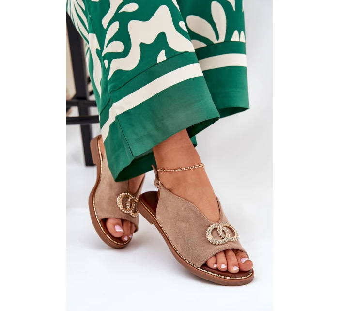 Sandały Damskie Z Ozdobą Na Płaskim Obcasie Eko Zamszowe Ciemnobeżowe Ralisses