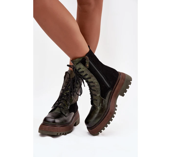 Skórzane Botki  Damskie Na Platformie Maciejka 07104-09 Ciemnozielone
