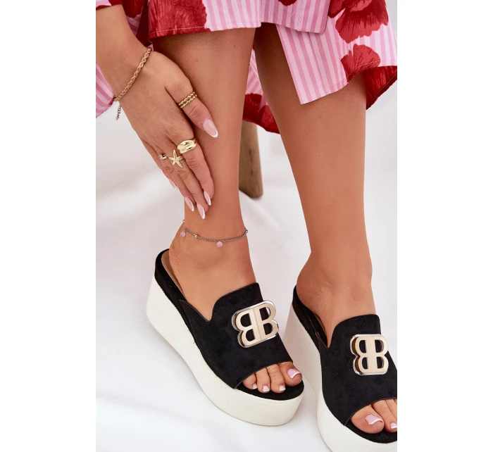 Klapki Na Platformie I Koturnie Z Ozdobą Czarne Tanonea