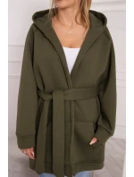 Zateplená bunda s vázáním v pase khaki barvy