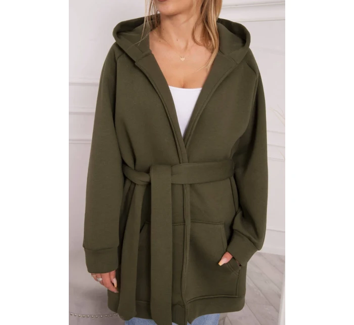 Zateplená bunda s vázáním v pase khaki barvy