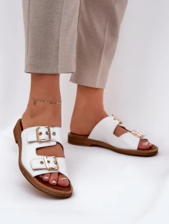 Skórzane Płaskie Klapki Z Klamrami Zazoo 3020 Białe