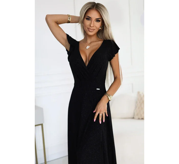411-12 CRYSTAL lesklé dlhé šaty s výstrihom - BLACK 411-12 CRYSTAL lesklé dlhé šaty s výstrihom - BLACK