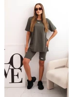 Dámský bavlněný komplet s krátkým rukávem a šortkami khaki