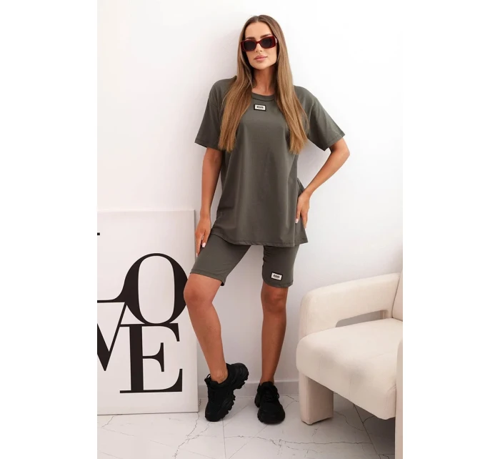 Dámský bavlněný komplet s krátkým rukávem a šortkami khaki