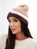 Dámská čepice beanie žebrovaná s ozdobou camelová+hnědá