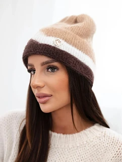 Dámská čepice beanie žebrovaná s ozdobou camelová+hnědá