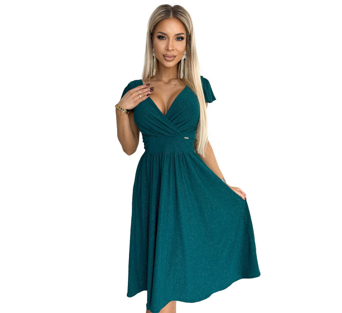 MATILDE - Zelené dámske šaty s brokátom, výstrihom a krátkymi rukávmi 425-6